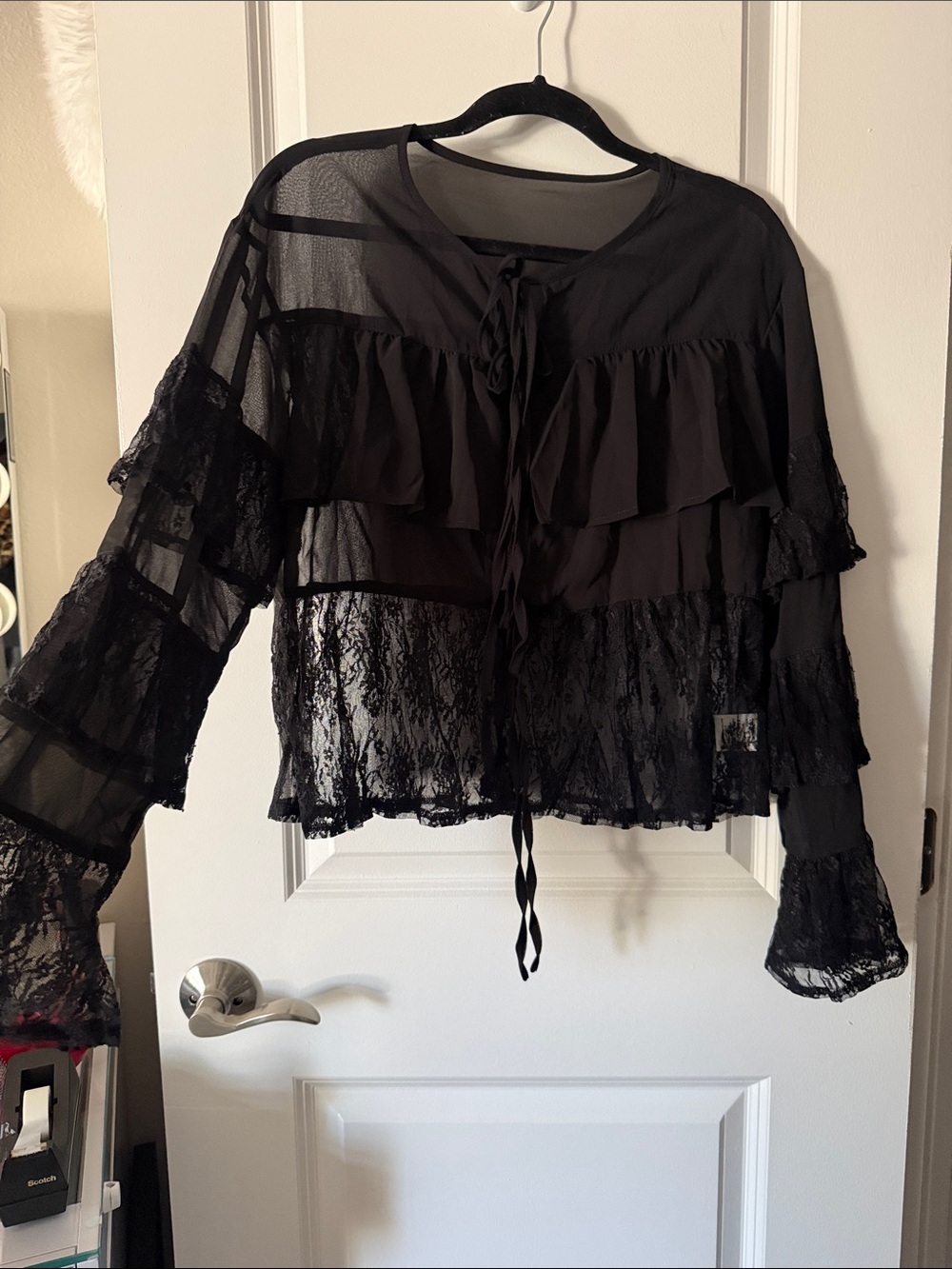 Black Sheer Ruffle Lace Tie-Front Top